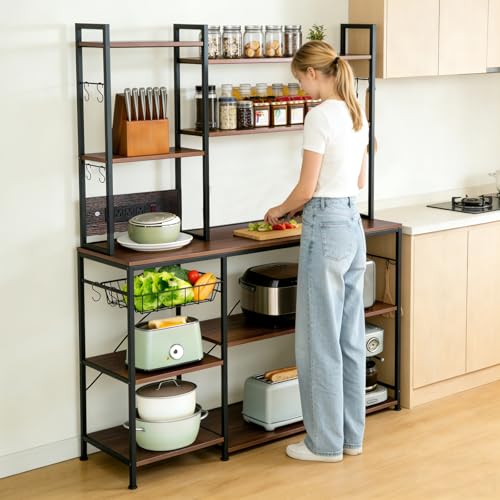 Luckyeestar Bakers Rack with Power Outlet - 6 Tier Microwave Stand with Storage, 35.4 inches Kitchen Shelf with Wire Basket and 12 S Hooks,Coffee Bar Shelf, Adjustable Feet, Rustic Brown Cabinet - size: 6-Tier 35.4 inches