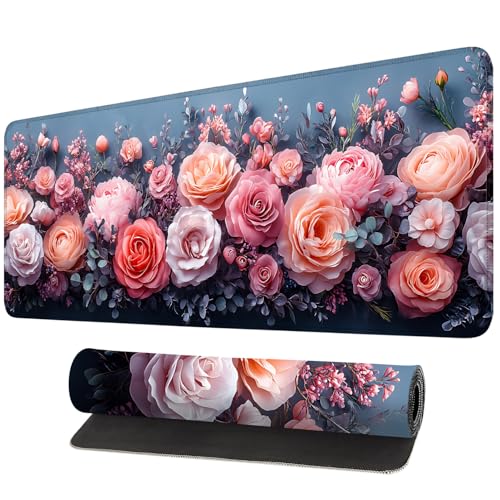 Large Mouse Pad, Pink Floral Desk Mat for Desktop, Women Girls Waterproof Gaming Mousepad, Computer Laptop Desk Accessories Protector Writing Pads for School Office Home (31.5" x 11.8") - color: Pink Flower, size: 31.5" x 11.8"