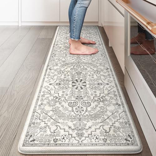 KIMODE Anti Fatigue Kitchen Mat, Cushioned Boho Kitchen Runner, Non Slip Farmhouse Kitchen Mat for Floor, Waterproof Standing Desk Mat for Laundry, Office, Sink Grey 17.3"x59" - color: Light Grey/Multi, size: 59"L x 17.3"W x 0.5"Th