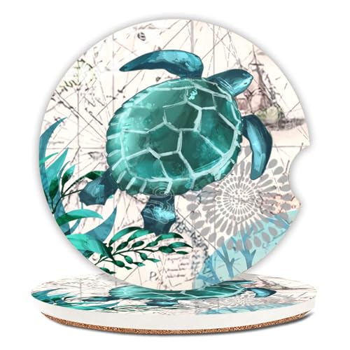 2 Pack Sea Turtles Pattern Absorbent Car Coasters for Cup Holders,2.56" Ceramic Coasters with Cork Back and Finger Slot,Auto Accessories for Women & Men. - color: Sea Turtles 1