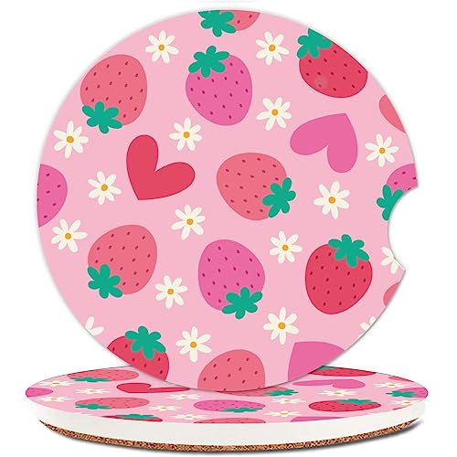 Absorbent Car Cupholder Coaster 2 Pack, Cute Car Coasters with a Finger Notch for Women & Men,2.56" Ceramic Stone & Non-Scratch Cork Base Drink Coasters (Cute Strawberries) - color: Cute Strawberries