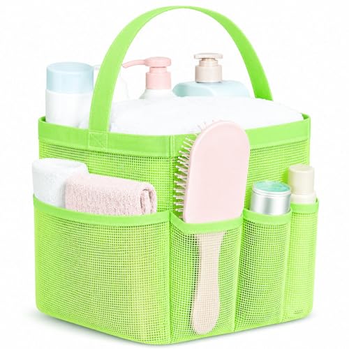 Attmu Mesh Shower Caddy Portable for College Dorm Room Camping Essentials, Shower Caddy Dorm with 9-Pockets, Large Capacity Hanging Basket Bathroom Bag for Toiletry, Swimming, Gym, Camp, Beach - color: light green