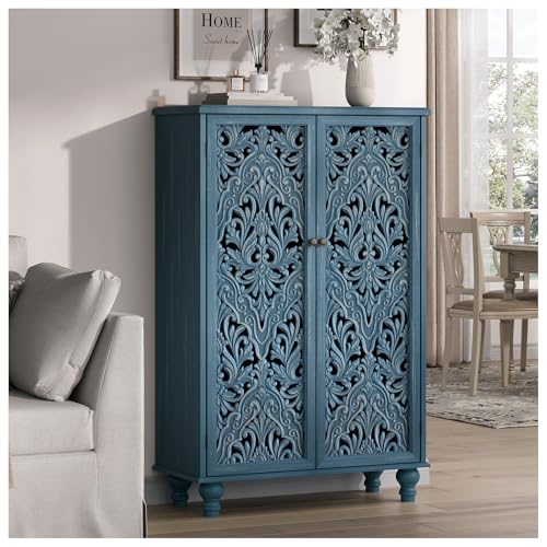 Jiansu furni Buffet Sideboard Cabinet with Hand-Carved Doors, 47" Tall Storage Cabinet for Dining Room, Vintage Wood Accent Cabinet with Shelves, Slim Floor Cupboard for Kitchen & Entryway,Blue - color: Blue_2 Doors Tall