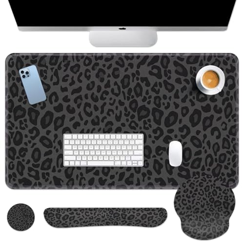 Arttown Leopard Desk Mat Black Grey Leopard Mouse Pad Set 4 in 1 Ergonomic Design Large Mouse Pad + Keyboard Wrist Rest + Mouse Wrist Rest + Coaster Suitable for Home Office Study Game - color: Black Grey Leopard