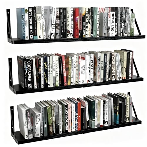 Floating Book Shelves Set of 3, Wall Bookshelf, 33 inch Long Wood Shelf for Wall Storage, Hanging Shelving for Bedroom, Bathroom, Living Room, Kitchen, Office and Plants (Black) - color: Black, size: 32.8Lx6W