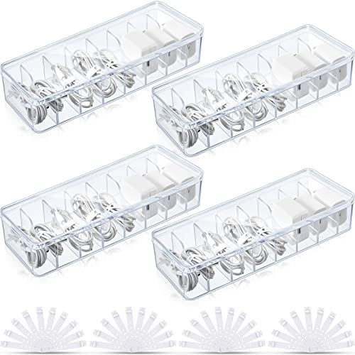 Tatuo 4 Pcs Cable Organizer Box with Wire Ties, Plastic Cord Storage Box with Lid, Electronics Organizer for Home Office Desk Organizers and Accessories (Clear) - color: Clear