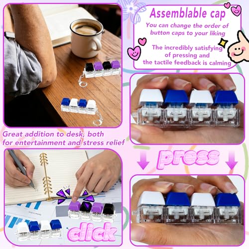 2 PCS 4-in-1 Keyboard Fidget Toy Keychain, Finger Clicky Button Toy Stress Relief Keychain with Swappable Keycaps, Mini Mechanical Key Fidget for Office Desk Focus Gifts (Blue White Black Purple) - color: Blue White Black Purple