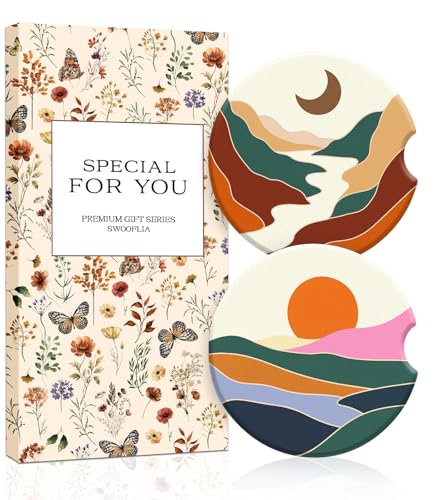 Swooflia Car Coasters for Women - Boho Landscape Car Cup Coasters Absorbent Cup Holder Coasters for Car 2 Pcs Ceramic Car Cupholder Coaster with Cork Base Car Interior Accessories - color: Brown Sun and Moon