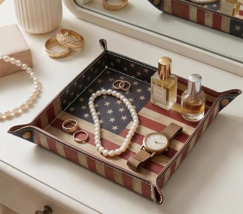 Valet Tray Desktop Storage Organizer, Vegan Leather Catchall Bedside Vanity Tray Nightstand Caddy Holder for Remote Controller, Watch, Keys, Phone, Wallet, Sunglasses, Jewelry - Flag - color: Flag Design