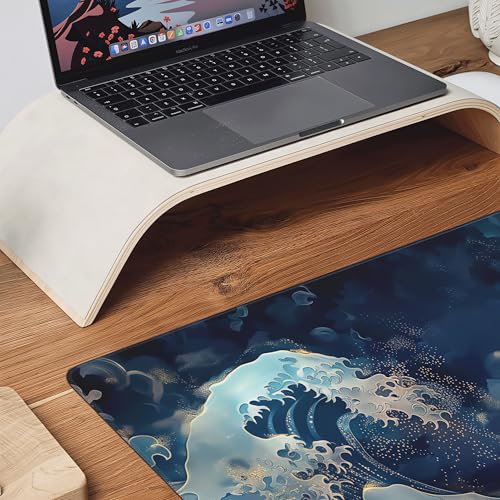 XXL Japanese Wave Gaming Mouse Pad, Extended Keyboard Mat, Blue Ocean Design with Golden Accent, Smooth Surface, Large Desk Mat for PC - color: Japanese wave