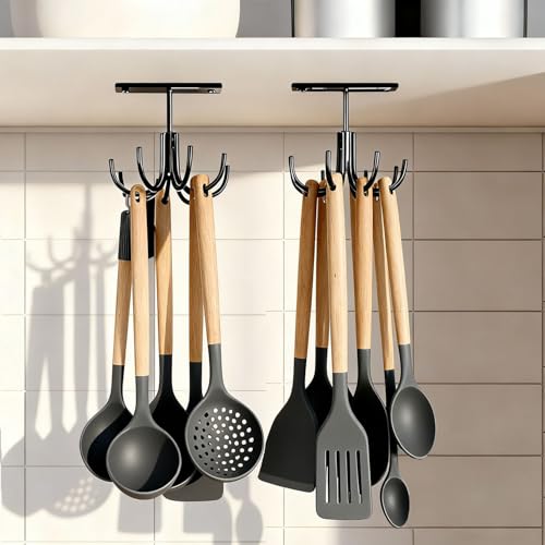Metal Under Cabinet Kitchen Utensil Hooks,360° Rotating Kitchen Utensil Rack with 8 Hooks,Drilling Free Adhesive Utensils Hanging Rack for Tools/Towel/Knife (Black) - color: Metal-black