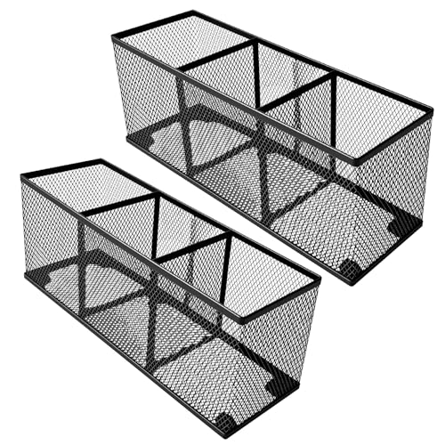 2-Pack Metal Mesh Pencil Holder, Spacious 3-Compartment Desk Organizer for Pens, Makeup Brushes, Utensils, Desktop Storage for Home, Office, School, Kitchen, 10.43x3.35x4.04 Inch, Black - color: 2 Pack black