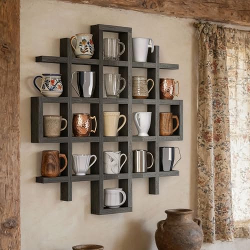 Suzile Oversize Coffee Mug Display Rack Wooden Display Shelves Rustic Wooden Floating Curio Shelf Travel Wall Mounted Coffee Mug Rack Holder Shadow Box Shelf (Grid Size 5.1x5.1x3in,Grey) - color: Grey