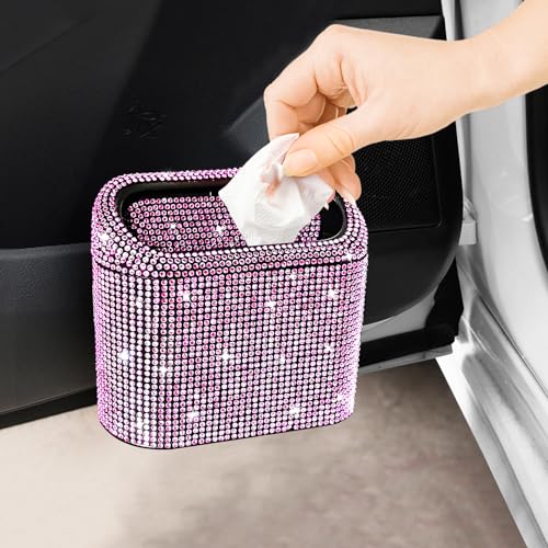 Accmor Car Trash Can with Lid, Mini Auto Dustbin Garbage Can, Car Accessories for Interior, Vehicle Can Garbage Bin with 30pcs Trash Bags, Multipurpose Organizers for Home, Office, Cars, SUV, Truck - color: Black/Pink Rhinestone