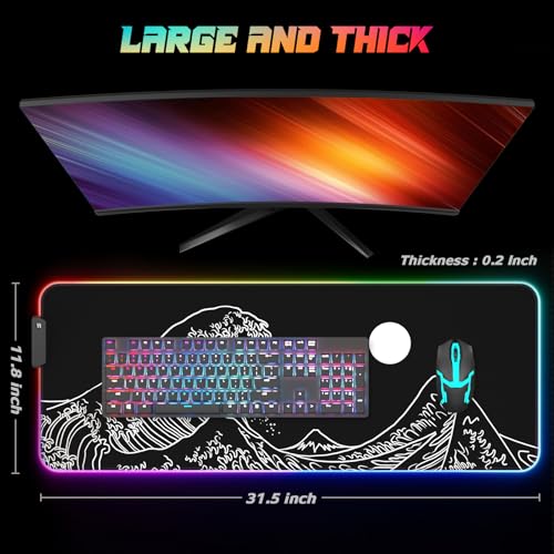 ITNRSIIET RGB Gaming Mouse Pad, Full Desk XL Extended Large Gaming Mousepad, 12 Lighting Modes 30% Thicker Big LED Desk Mat for Gamers, 32 x 12 inches, Waves Under The Moon - color: Waves Under the Moon
