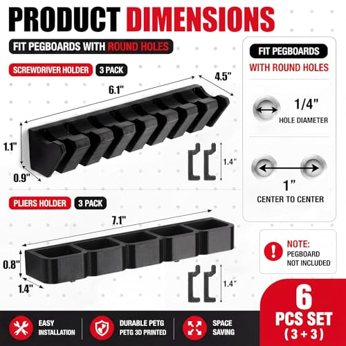 Junkin 6 Pcs Pegboard Screwdriver Holder and Pliers Organizer Set, Pegboard Tool Storage Rack, Peg Board Organizer Accessories for Garage Workshop Storage, Tool Display Hooks for Shop Store (Black) - color: Black