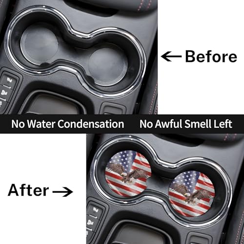 American Flag Fly Eagle Car Cup Holder Coasters 2 Pack Universal 2.63 Inch Anti Slip Ceramic Absorbent Coaster with Cork Base and Finger Notch Cute Car Accessories Interior for Women - color: Red