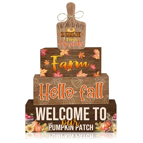 4 Pcs Fall Decorations for Home Farmhouse Tiered Tray Decor, Fall Kitchen Decor Rustic Wooden Cutting Board Block Sign Autumn Thanksgiving Harvest Tabletop Centerpieces for Home Table Indoor - style: Fall Harvest