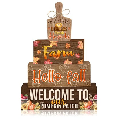 4 Pcs Fall Decorations for Home Farmhouse Tiered Tray Decor, Fall Kitchen Decor Rustic Wooden Cutting Board Block Sign Autumn Thanksgiving Harvest Tabletop Centerpieces for Home Table Indoor - style: Fall Harvest