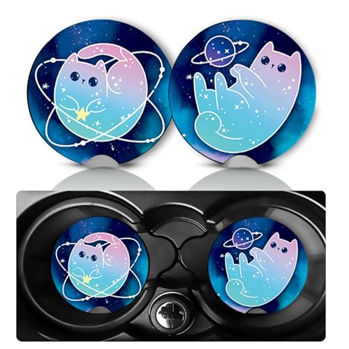 2 Pack Space Cat Car Cup Holder Coasters Neoprene Anti Slip Rubber Mat | Cat Car Accessories Interior Decor 2.75" Universal Size Insert Auto Coasters Cats Mom Gifts for Women Men Pet Love - color: Galaxy Cat
