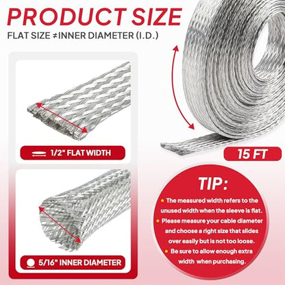 Tinned Copper Grounding Braid Straps Shielding Wire Sheathing Cable Sleeve Metal Flat Mesh Flexible Expandable (1/2 in Wide(0.32 in Dia)-15ft) - size: 1/2 in Wide(0.32 in Dia)-15ft