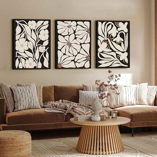 QGNBGBJ Framed Black Boho Flowers Plant Wall Art Abstract Botanical Flower Canvas Poster Vintage Bohemian Neutral Floral Prints Wall Decor Trendy Black Beige Floral Set for Girl Bedroom(16x24in) - size: 16x24in Framed