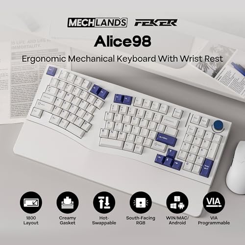 MechLands Feker Alice98 Ergonomic 98 Keys Custom Mechanical Keyboard, VIA Programmable, USB-C Wired Gaming Keyboard, Hot Swappable, 5 Layer Paddings, Control Knob, NKRO, RGB for Win/Mac (White) - color: White