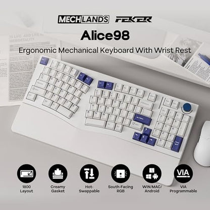 MechLands Feker Alice98 Ergonomic 98 Keys Custom Mechanical Keyboard, VIA Programmable, USB-C Wired Gaming Keyboard, Hot Swappable, 5 Layer Paddings, Control Knob, NKRO, RGB for Win/Mac (White) - color: White