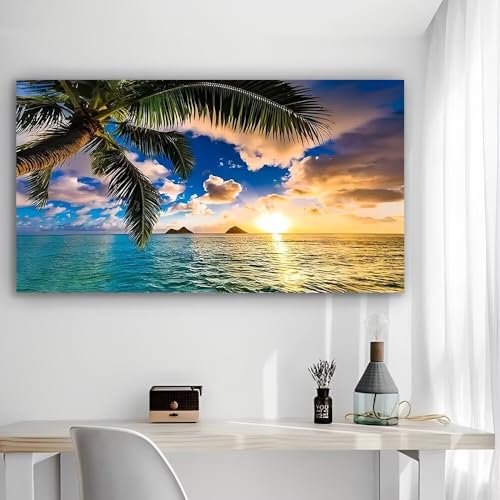 Palm Tree Sunrise Ocean View Vintage Rustic Canvas Wall Art - 12x24in Unframed Poster- Home & Office Decor for Living Room, Bedroom, Kitchen & Cafe - color: Palm Tree