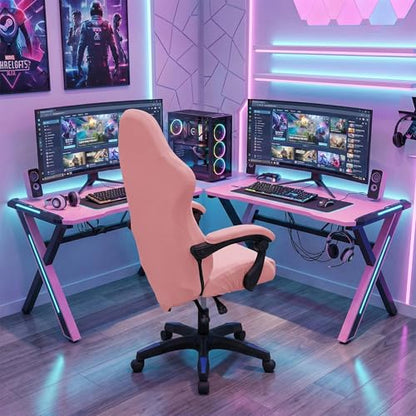 Gaming Chair Cover Set with Armrest Covers, Stretch Ruffled Slipcover for Racing Office Computer Reclining Chairs (Pink) - color: Pink