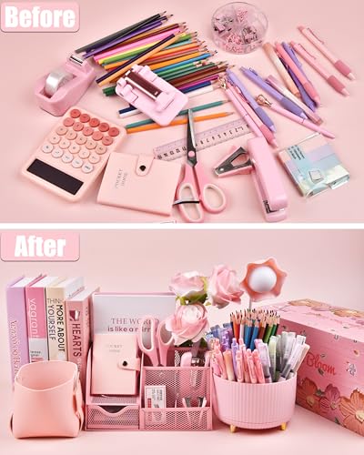 LXEVIHK 21Pcs Pink Desk Organizers and Accessories With Mesh Desk Organizer and 360°Rotating Pen Holder and a Lot of Office Pink Office Supplies Beautifully Presented in a Gift Box - color: Pink