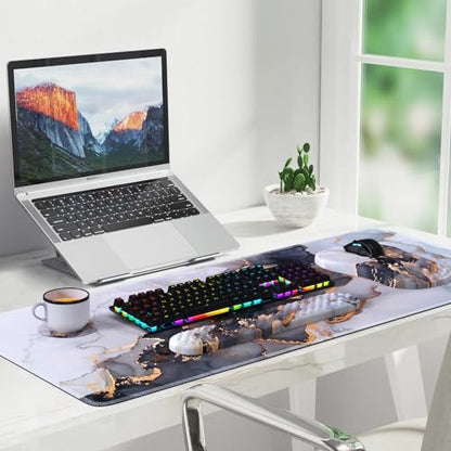Desk Pad Mat, Large Mouse Pad with Wrist Rest, Ergonomic Keyboard Wrist Support, XXL Carpal Tunnel Mousepad Set with Coaster, Computer Keyboard Matt for Laptop Desktop, White Gray Marble - color: Marble White Grey Gold
