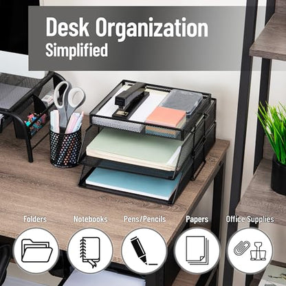 Mind Reader 2 Tier Paper Tray with Top Supply Compartment, Desktop File Organizer, Metal Mesh, Black - color: Black