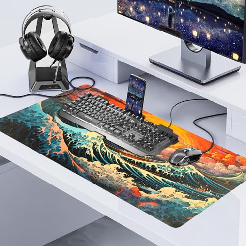 Japanese Sea Wave Desk Pad, Desk Matt for Desktop, Leather Mouse Pad, Waterproof Keyboard Mat, Non-Slip Computer Mat, Keyboard and Mouse Pad for Office Decor (31.5"x15.7") - color: Sunwave, size: 31.5" x 15.7"