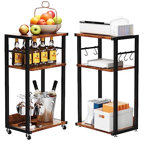 YMYNY Mobile Printer Stand, 3-Tier Printer Cart with Adjustable Storage Shelf and 6 S-Hooks, Tall Printer Table for Home Office, for Computer Tower Stand, Shredder, CPU Stand, Rustic Brown, UHPT002H - color: Rustic Brown-3 Tiers