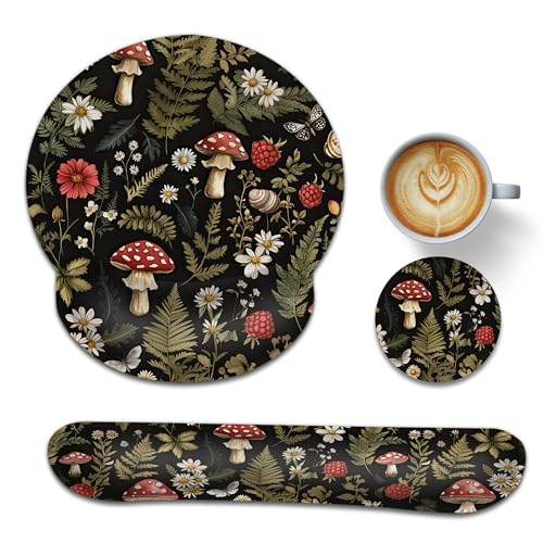 Mushrooms Ergonomic Memory Foam Wrist Rest Set for Keyboard and Mouse,Flower Herbs Supportive Mouse Pad with Non Slip Base for Office Work and Gaming - color: Mushrooms Flower Herbs