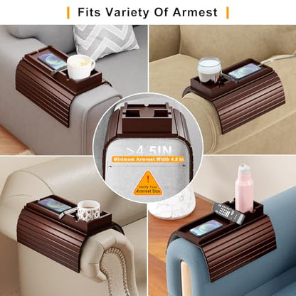 Bestjing Bamboo Couch Armrest Table, Sofa Arm Tray with Detachable Couch Cup Holder- 2 in 1 Anti-Slip Foldable Sofa Armchair Caddy Table for Drinks Cellphone TV Remote Snacks (Walnut) - color: Walnut, size: 16.3" x 13.3" x 2"
