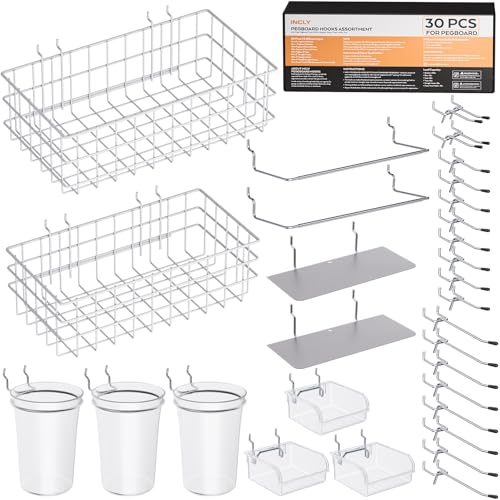 INCLY 30PCS Peg Board Organizer Accessories Kit, Pegboard Hooks Assortment with Bins, Cups, Wire Baskets and Paper Towel Holder for 1/8“ and 1/4” Pegboard Garage Workbench Craft Room Organizing Tools - color: Clear