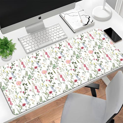 White Kawaii Flower Mouse Pad Large Desk Mat Extended Keyboard Mouse Pad Cute Mousepad with Non-Slip Base and Stitched Edge Floral Mouse Mat Desk Pad 31.5 x 11.8 Mouse Pads for Desk Home Office Gaming - color: White Wildflower