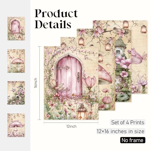 Locomiss Pink Fairy Enchanted Forest Mushroom Wall Art Decor, Fantastic Cottagecore Floral Mushroom Fairy Garden Cabin Pink and Green Prints Posters for Girls Room Wall Decor,Set of 4(12x16 Unframed) - color: forest, size: 12x16 Inches