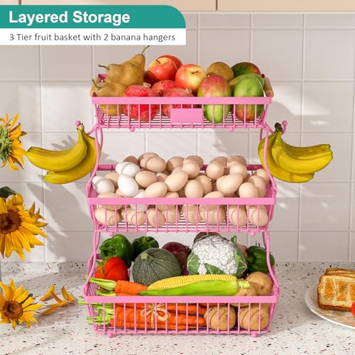 3 Tier Fruit Basket for Kitchen Counter with 2 Banana Hangers, Countertop Metal Fruit Bowl with Wooden Handle, Large Storage Stand for Vegetables, Snacks, Breads, Produce Storage – Rose Pink - color: Rose Pink, size: 3 Tier