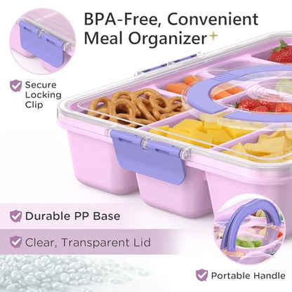 Snackle Box Container for Adults with 10 Compartment, Divided Serving Tray with Lid and Handle and 2 Sauce Containers, Portable Snack Box Container for Charcuterie Party Travel, Purple - color: Purple