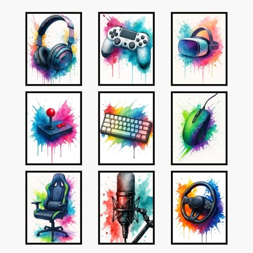 Video Game Room Decor Posters Set of 9, Watercolour Style Canvas Gamer Wall Art Prints, Cool Decorations for Boys Room, Kids Bedroom, or Study Room, Gaming Lover Gift, 8x10 Art Prints Unframed (Gaming Wall Art Set of 9, 8x10 Unframed) - style: Gaming Wall