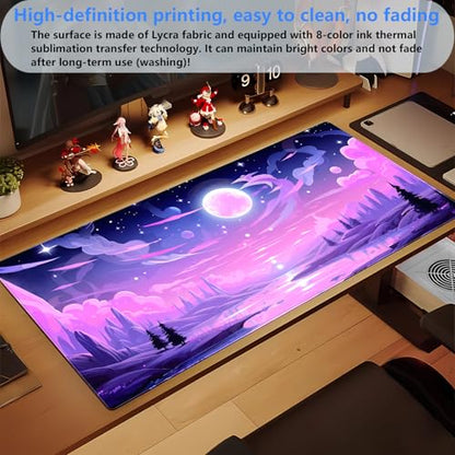 Extended Gaming Mouse Pad XL, Pink Purple Anime Desk Mat 31.5x15.7 | Aesthetic large mousepad featuring a magical purple moon and cloud design. Perfect for cute anime desk setups. - color: Pink Moon Lake