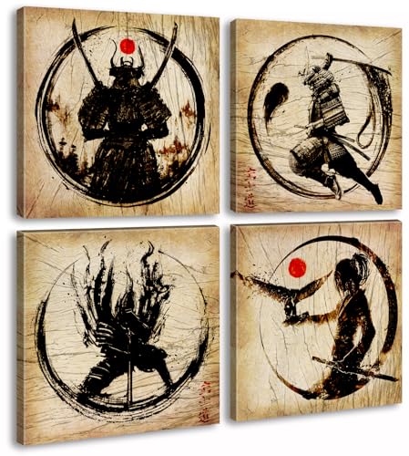 Japanese Decor Wall Art Retro Japanese Armored Samurai Painting Anime Posters Canvas Pictures Office Vintage Black Asian Modern Living Room Bedroom Artwork Framed Ready to Hang 12"X12"X4 Panels - color: Samurai