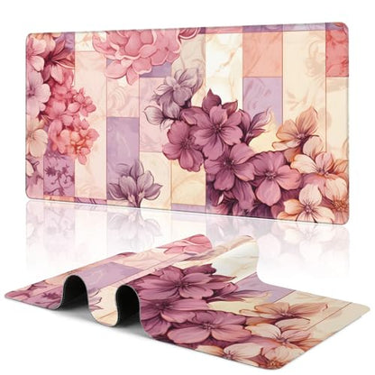 Flower Desk Mat Large Mouse Pad Gaming Mousepad 31.5 x 15.8 in | Desk Pad for Keyboard and Mouse, Large Non-Slip Rubber Base Mousepad Desk Mat with Stitched Edges for Gaming Office - color: Colorful Marble and Flower