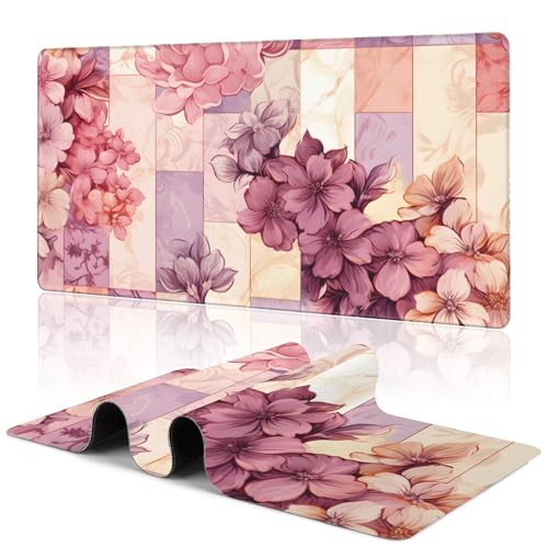 Flower Desk Mat Large Mouse Pad Gaming Mousepad 31.5 x 15.8 in | Desk Pad for Keyboard and Mouse, Large Non-Slip Rubber Base Mousepad Desk Mat with Stitched Edges for Gaming Office - color: Colorful Marble and Flower