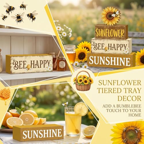 4 Pcs Summer Sunflower Kitchen Table Decor Bee Happy Summer Tiered Tray Decor Farmhouse Home Decorations Yellow Floral Wooden Signs Shelf Sitter Home Kitchen Office Decorations - style: Sunflower