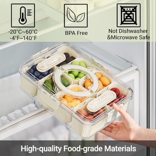Large Divided Serving Tray with lid and handle Travel snack container Portable snackle box container for fruit, Party, Picnic -10 compartment with 3 forks and 2 spoons