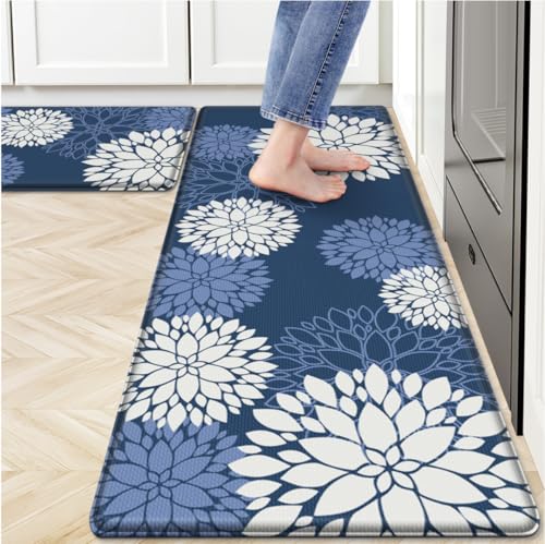 Kitchen Mats, 2PCS Non-Slip Cushioned Rugs, Anti-Fatigue Waterproof Floor Rug, Washable Standing Desk Mat, Home Laundry Office Apartment Decor and Accessories (17.3" ×47" +17.3" ×30"-Blue) - size: 17.3"W×47"L+17.3"W×30"L-0.4"Th